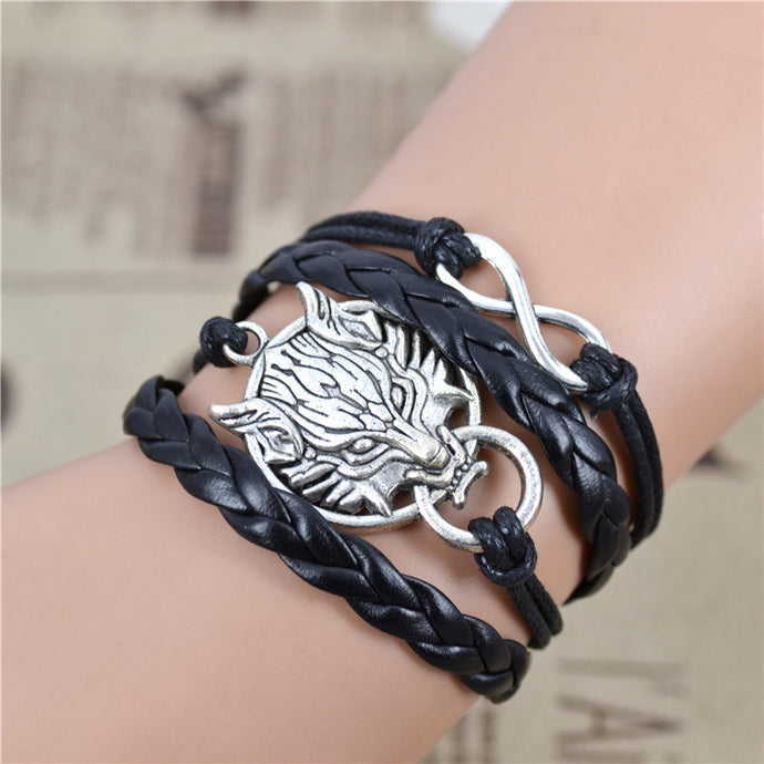 Infinity Wolf Black Unisex Leather Bracelet - WOLFIN LUXURY 